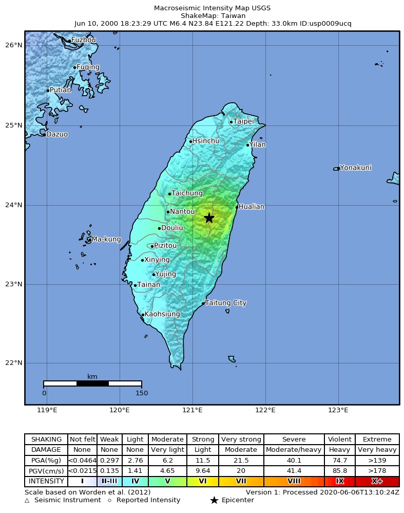 USGS ShakeMap: estimated shaking intensity around the epicenter