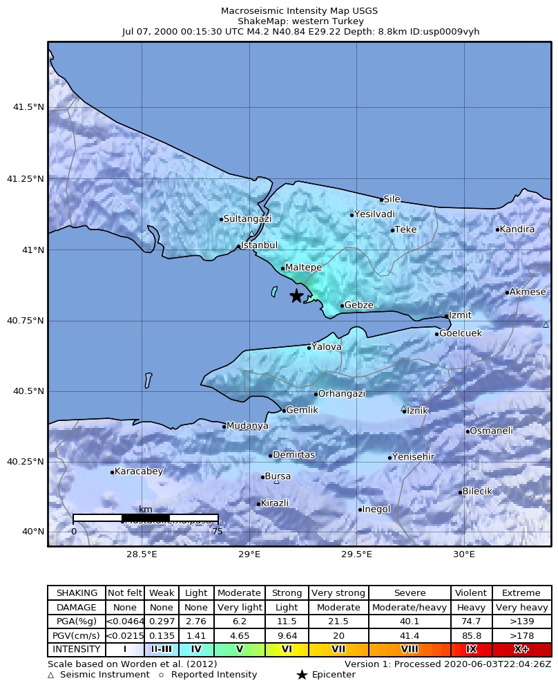USGS ShakeMap: estimated shaking intensity around the epicenter