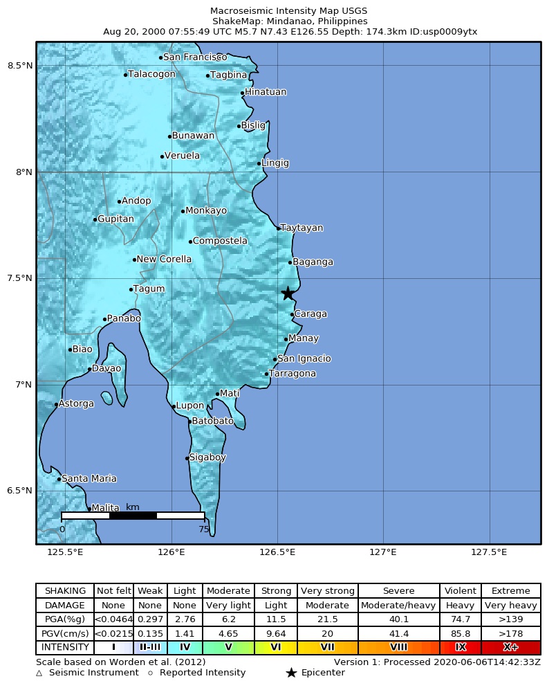 USGS ShakeMap: estimated shaking intensity around the epicenter