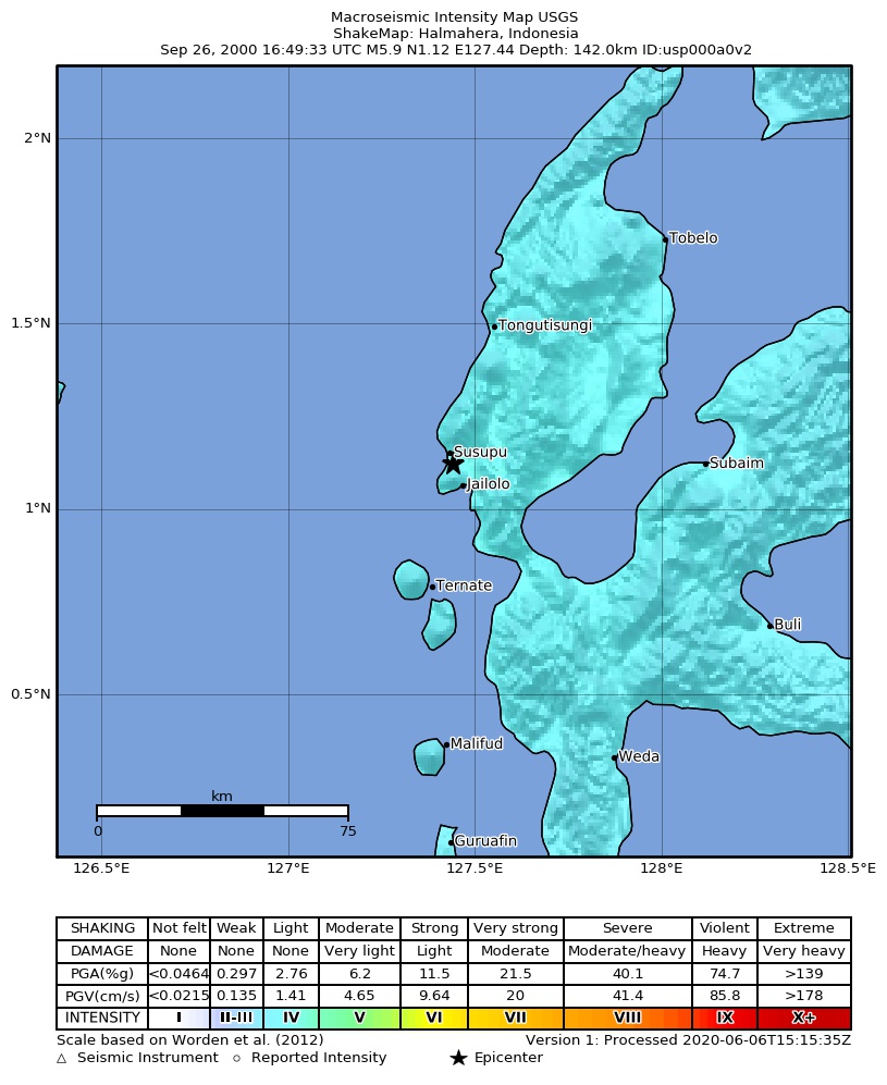 USGS ShakeMap: estimated shaking intensity around the epicenter
