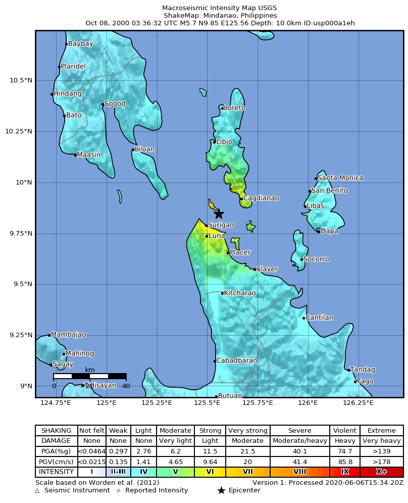 USGS ShakeMap: estimated shaking intensity around the epicenter