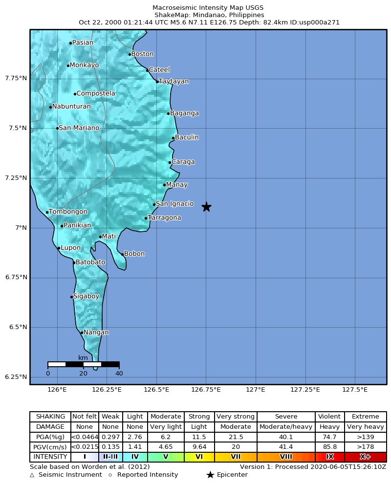 USGS ShakeMap: estimated shaking intensity around the epicenter