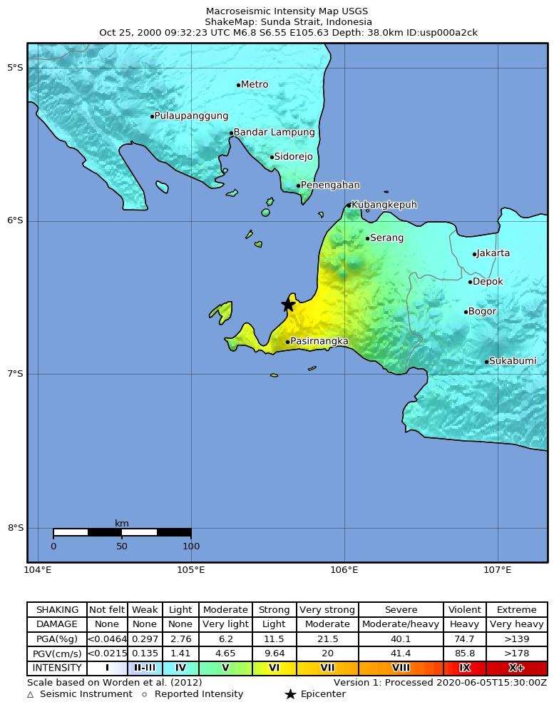 USGS ShakeMap: estimated shaking intensity around the epicenter