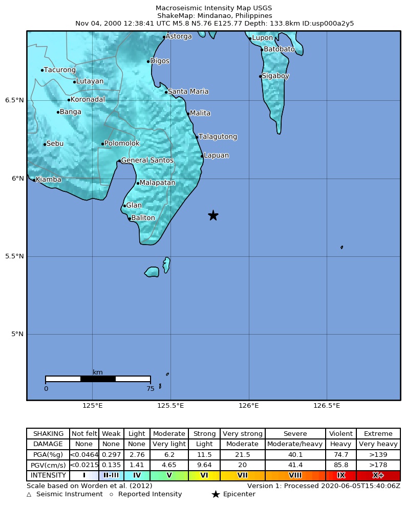 USGS ShakeMap: estimated shaking intensity around the epicenter