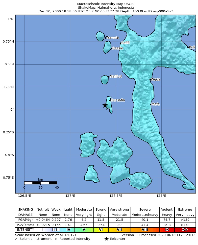 USGS ShakeMap: estimated shaking intensity around the epicenter