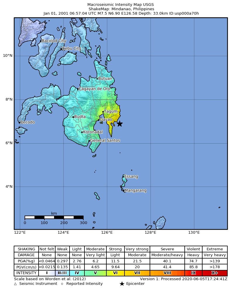 USGS ShakeMap: estimated shaking intensity around the epicenter