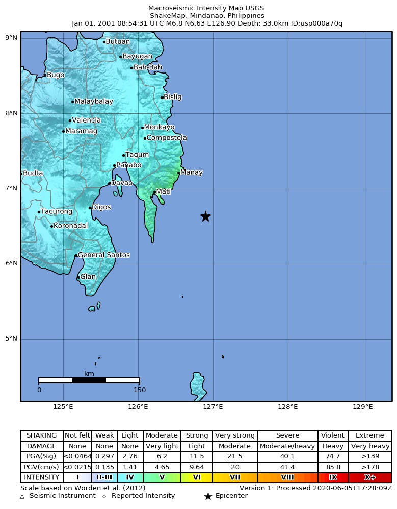 USGS ShakeMap: estimated shaking intensity around the epicenter