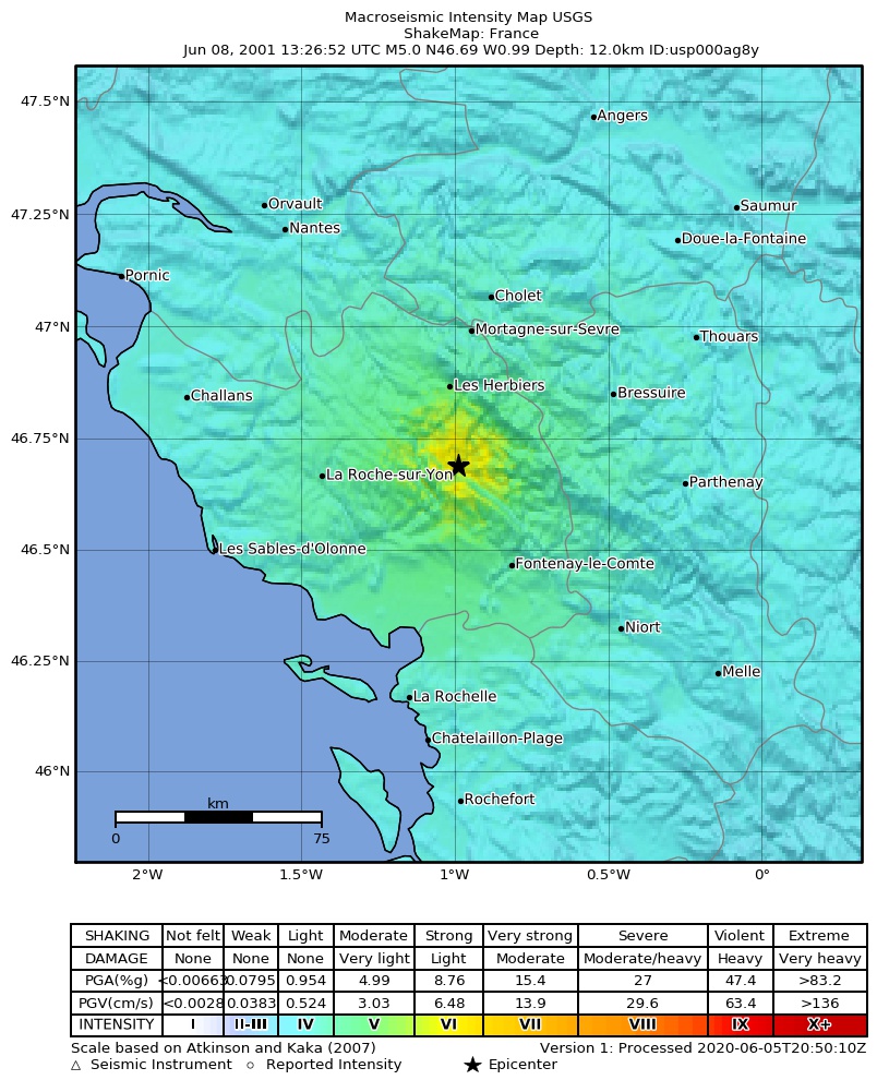 USGS ShakeMap: estimated shaking intensity around the epicenter