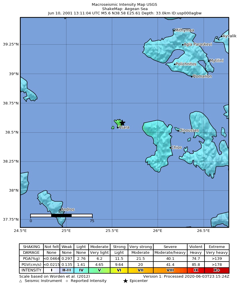 USGS ShakeMap: estimated shaking intensity around the epicenter