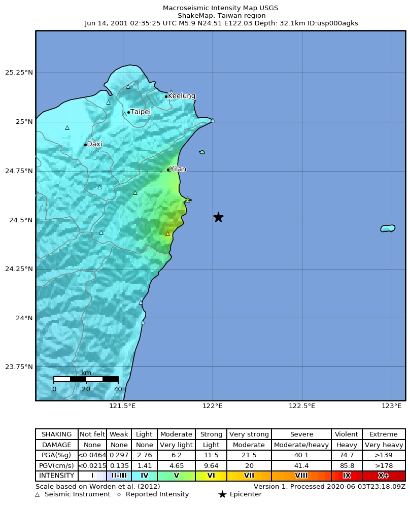 USGS ShakeMap: estimated shaking intensity around the epicenter