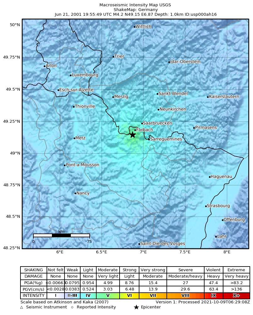 USGS ShakeMap: estimated shaking intensity around the epicenter