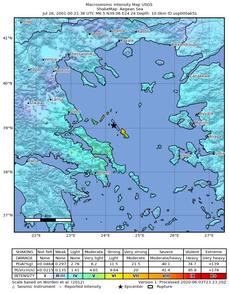 USGS ShakeMap: estimated shaking intensity around the epicenter