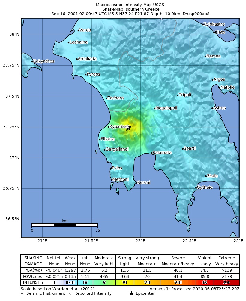 USGS ShakeMap: estimated shaking intensity around the epicenter