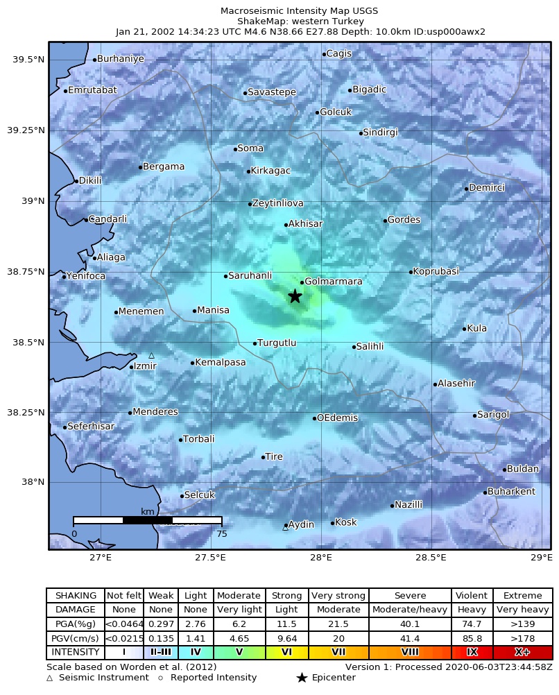 USGS ShakeMap: estimated shaking intensity around the epicenter