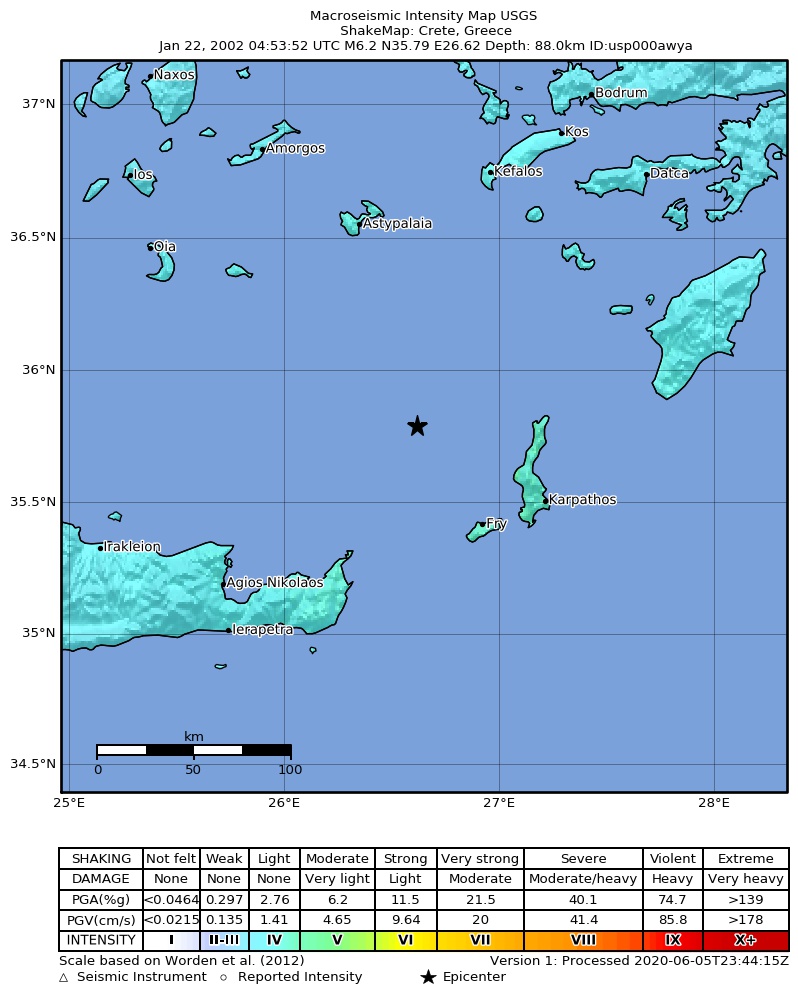 USGS ShakeMap: estimated shaking intensity around the epicenter