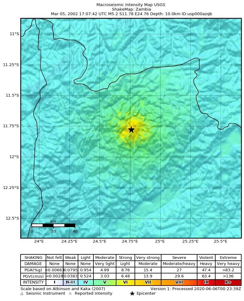USGS ShakeMap: estimated shaking intensity around the epicenter