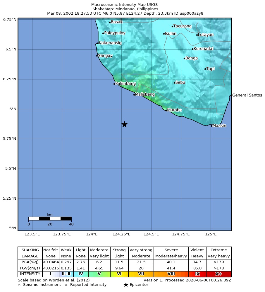 USGS ShakeMap: estimated shaking intensity around the epicenter