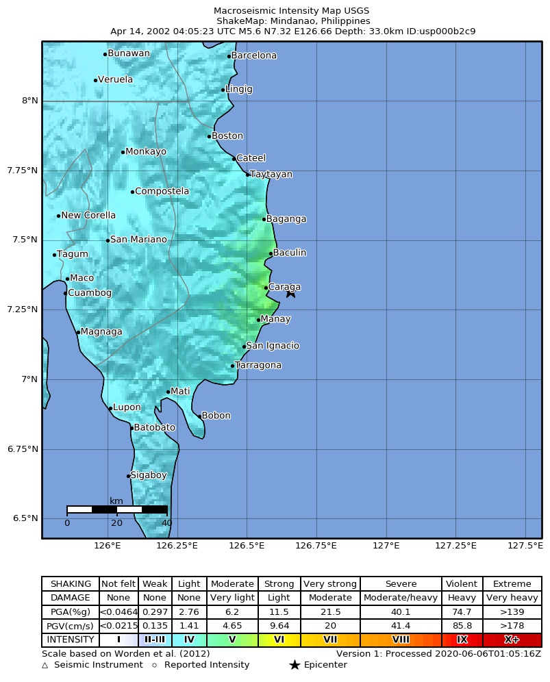 USGS ShakeMap: estimated shaking intensity around the epicenter