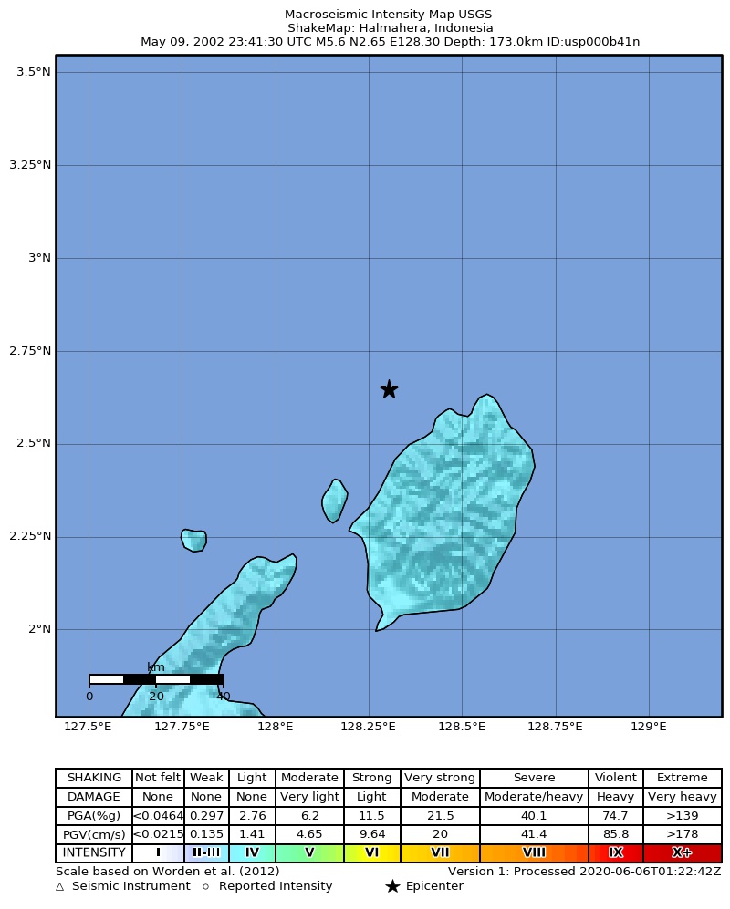 USGS ShakeMap: estimated shaking intensity around the epicenter