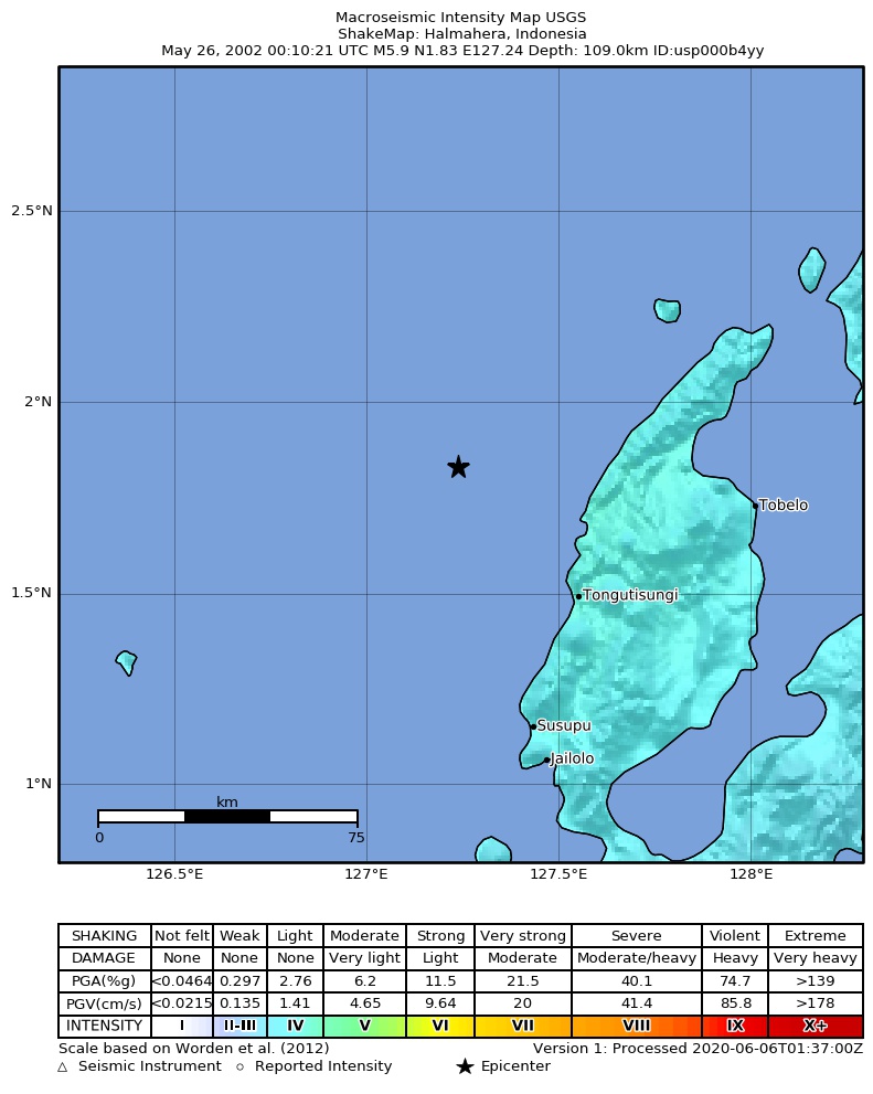 USGS ShakeMap: estimated shaking intensity around the epicenter