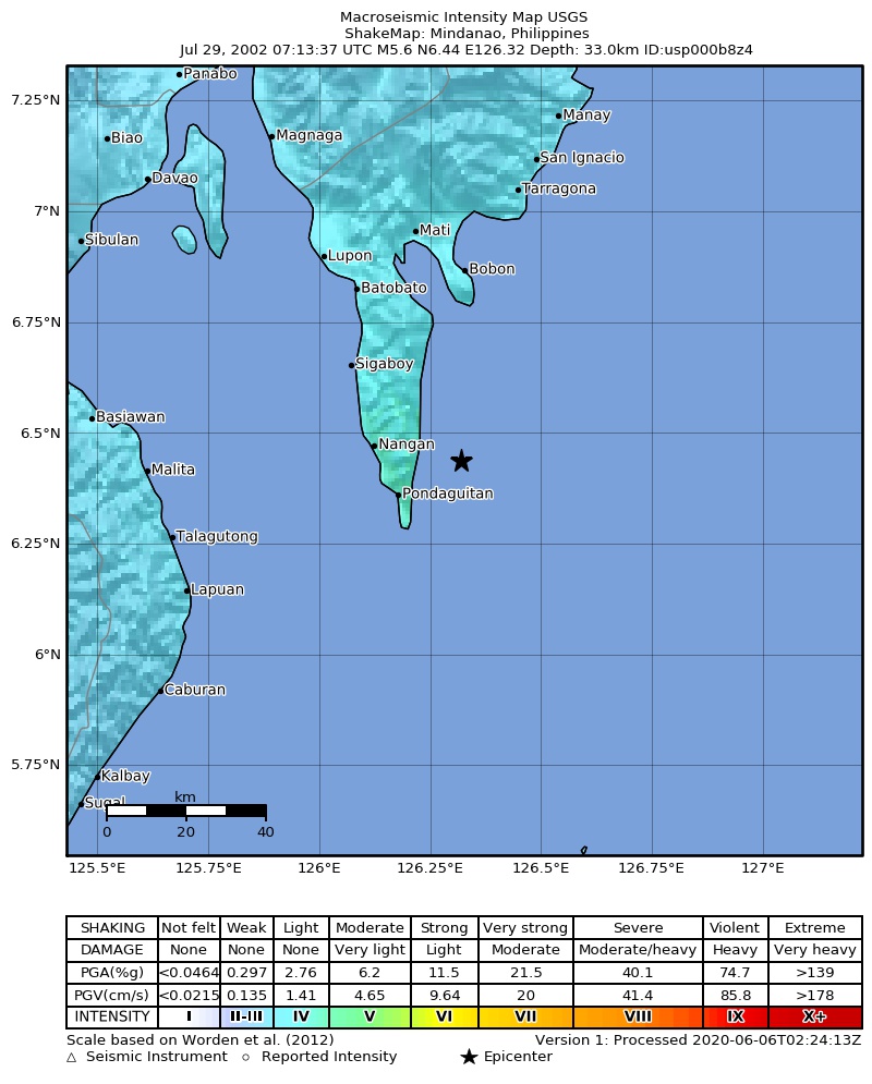 USGS ShakeMap: estimated shaking intensity around the epicenter
