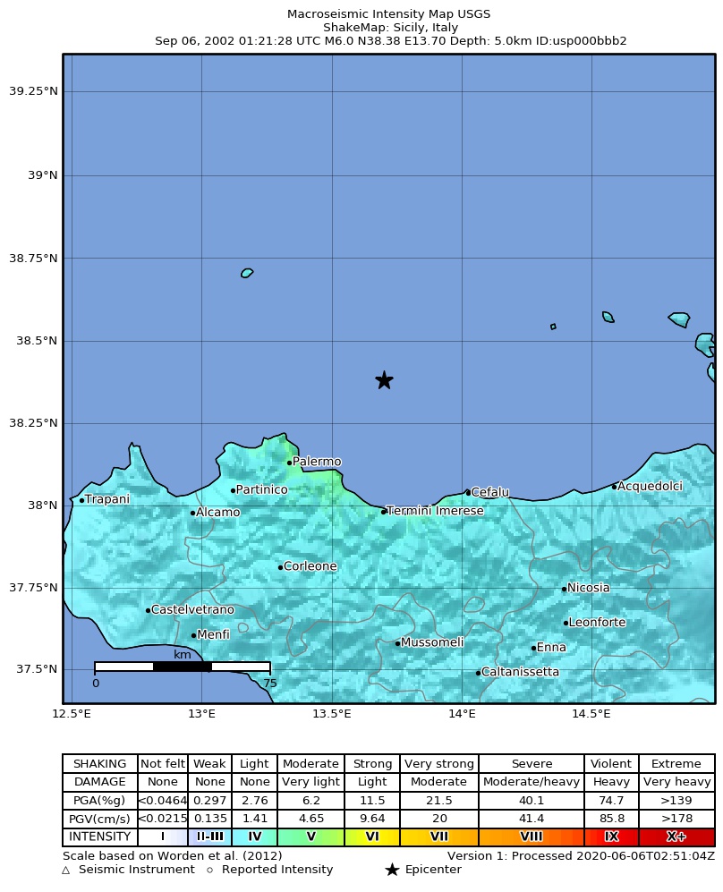 USGS ShakeMap: estimated shaking intensity around the epicenter
