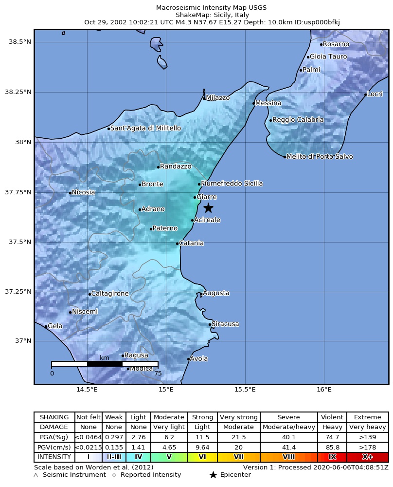 USGS ShakeMap: estimated shaking intensity around the epicenter