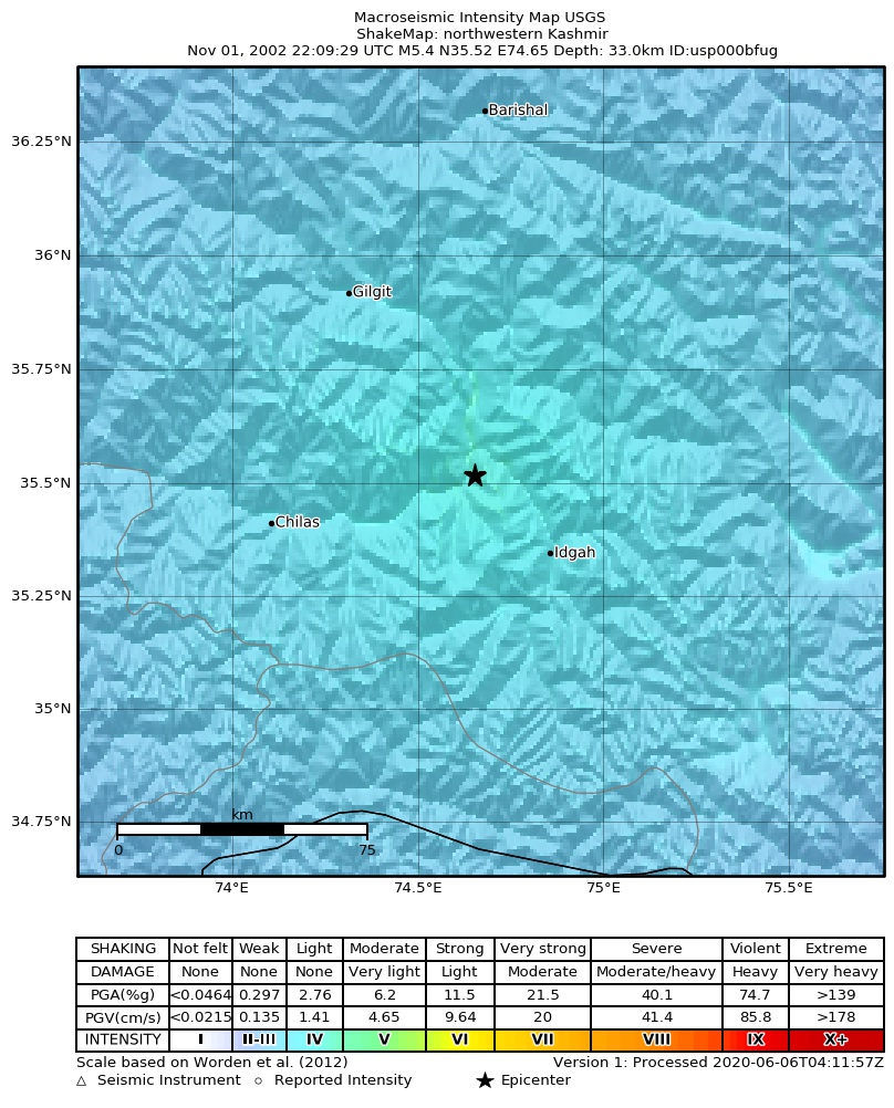 USGS ShakeMap: estimated shaking intensity around the epicenter