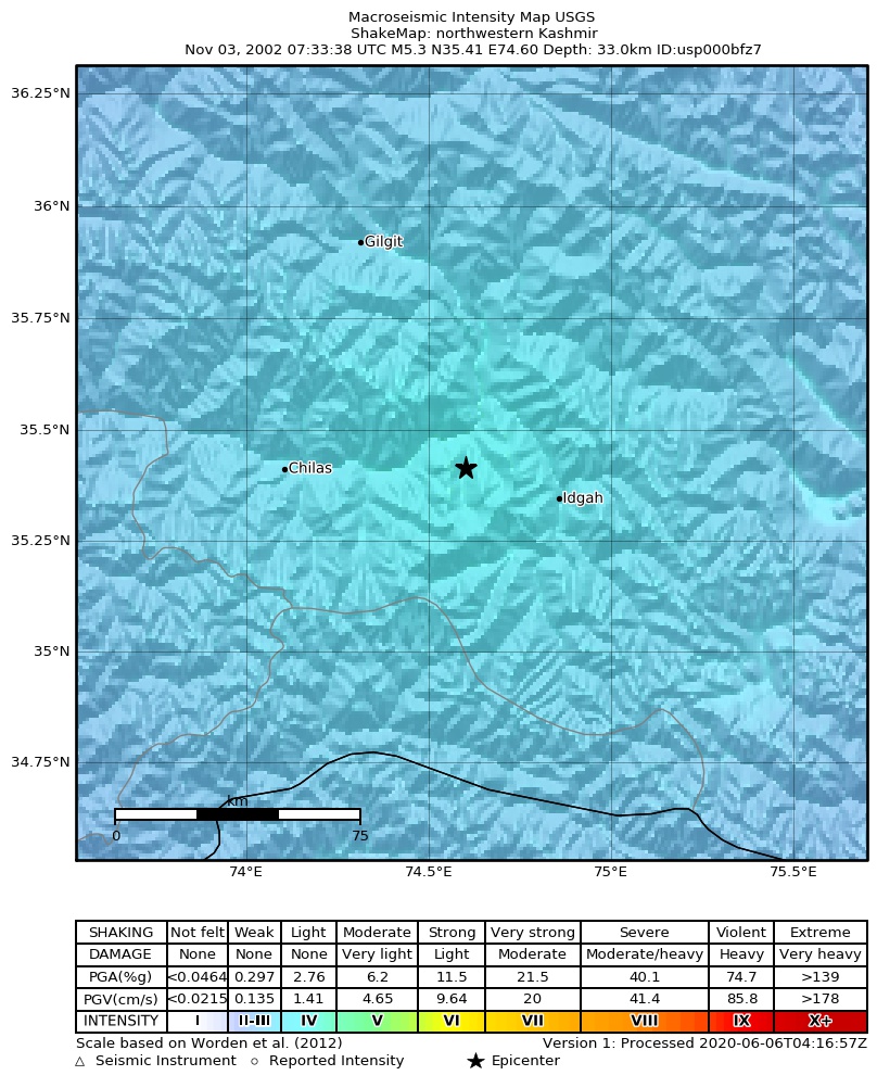 USGS ShakeMap: estimated shaking intensity around the epicenter