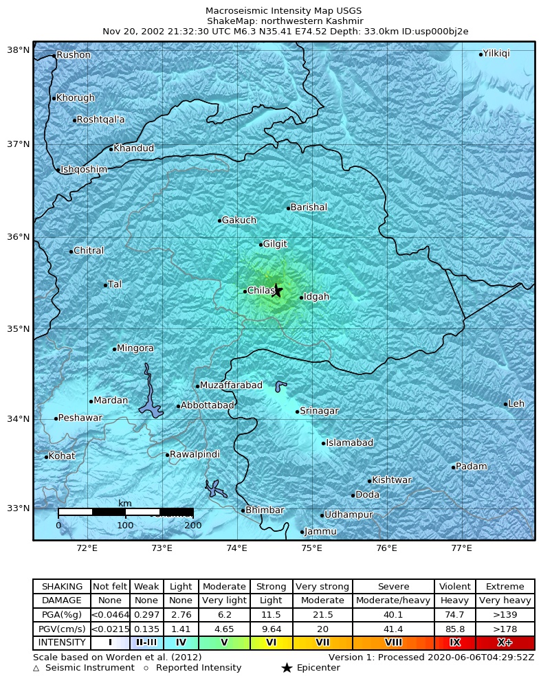 USGS ShakeMap: estimated shaking intensity around the epicenter