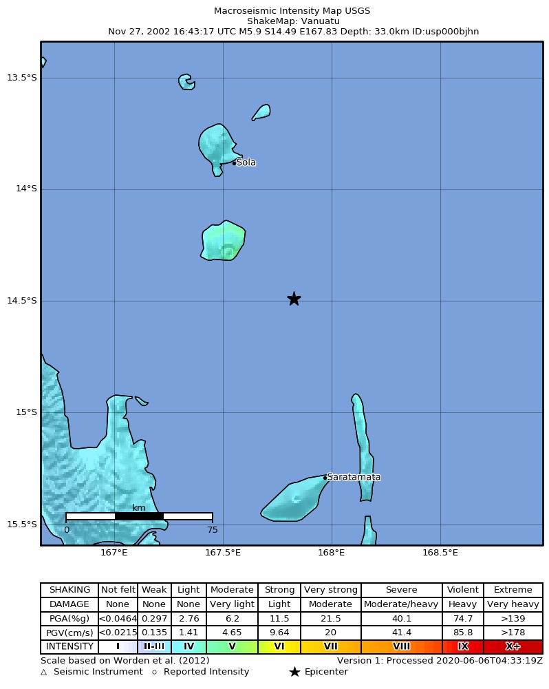 USGS ShakeMap: estimated shaking intensity around the epicenter