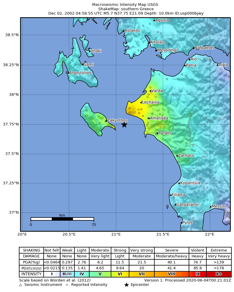 USGS ShakeMap: estimated shaking intensity around the epicenter