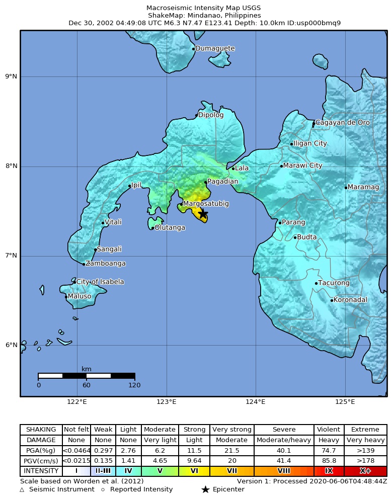 USGS ShakeMap: estimated shaking intensity around the epicenter
