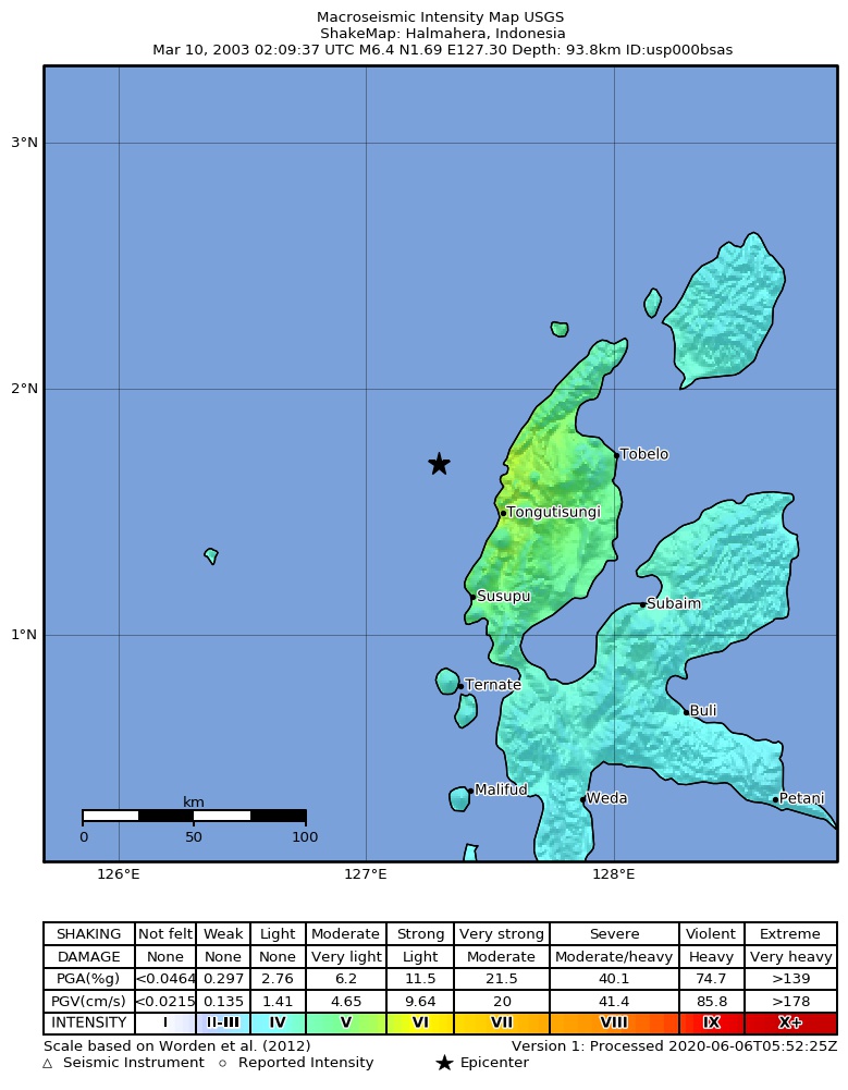 USGS ShakeMap: estimated shaking intensity around the epicenter