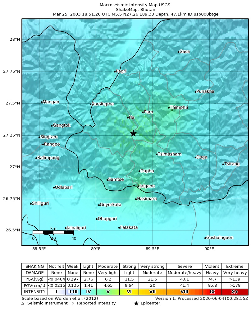 USGS ShakeMap: estimated shaking intensity around the epicenter