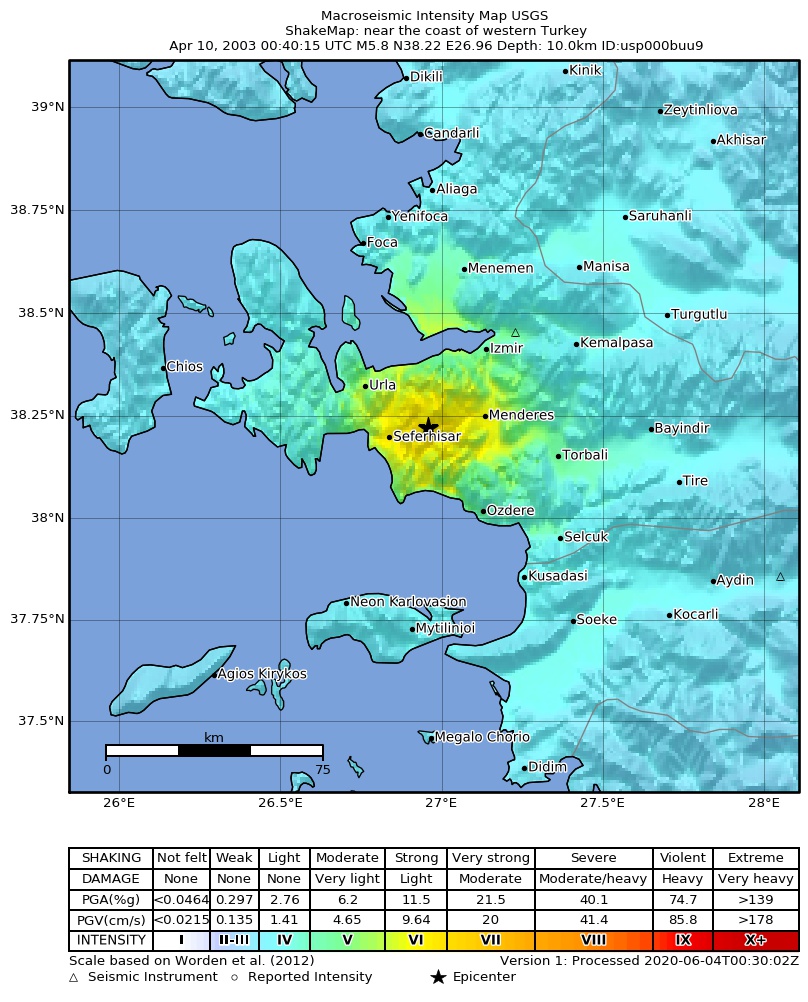 USGS ShakeMap: estimated shaking intensity around the epicenter