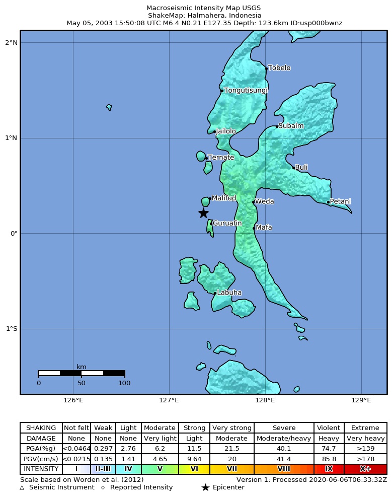 USGS ShakeMap: estimated shaking intensity around the epicenter