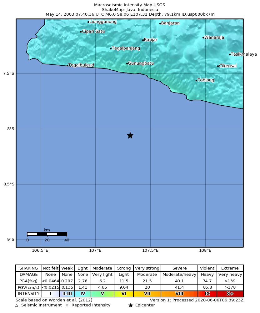 USGS ShakeMap: estimated shaking intensity around the epicenter