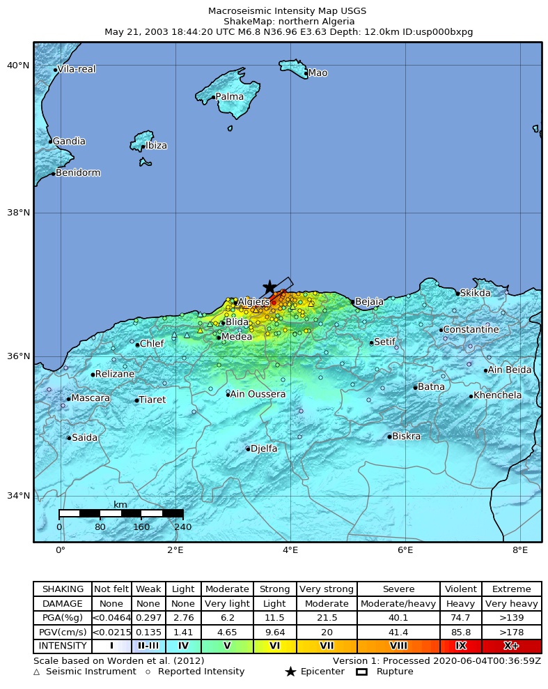 USGS ShakeMap: estimated shaking intensity around the epicenter
