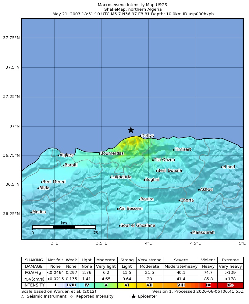 USGS ShakeMap: estimated shaking intensity around the epicenter
