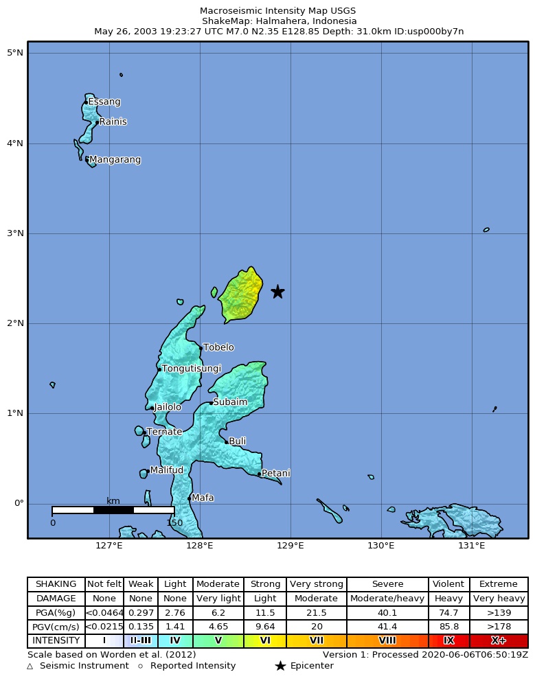 USGS ShakeMap: estimated shaking intensity around the epicenter