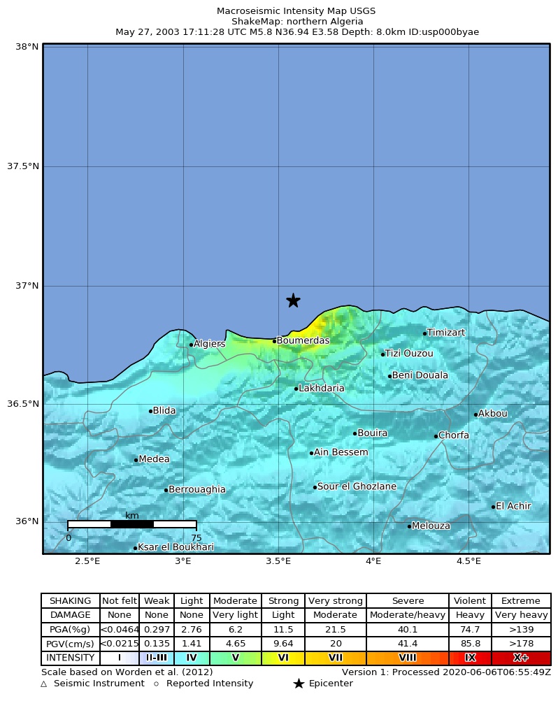 USGS ShakeMap: estimated shaking intensity around the epicenter