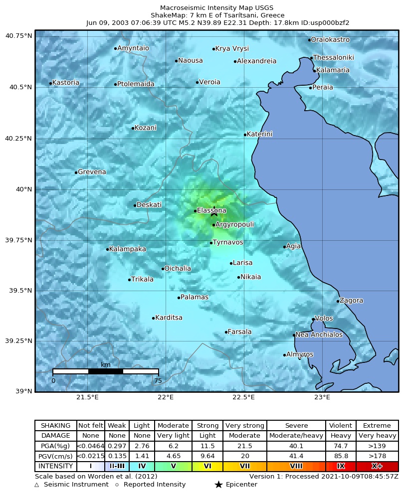 USGS ShakeMap: estimated shaking intensity around the epicenter