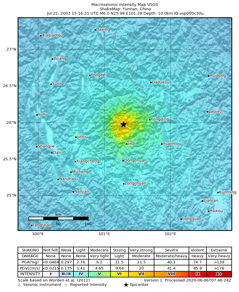 USGS ShakeMap: estimated shaking intensity around the epicenter