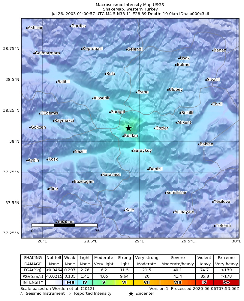 USGS ShakeMap: estimated shaking intensity around the epicenter