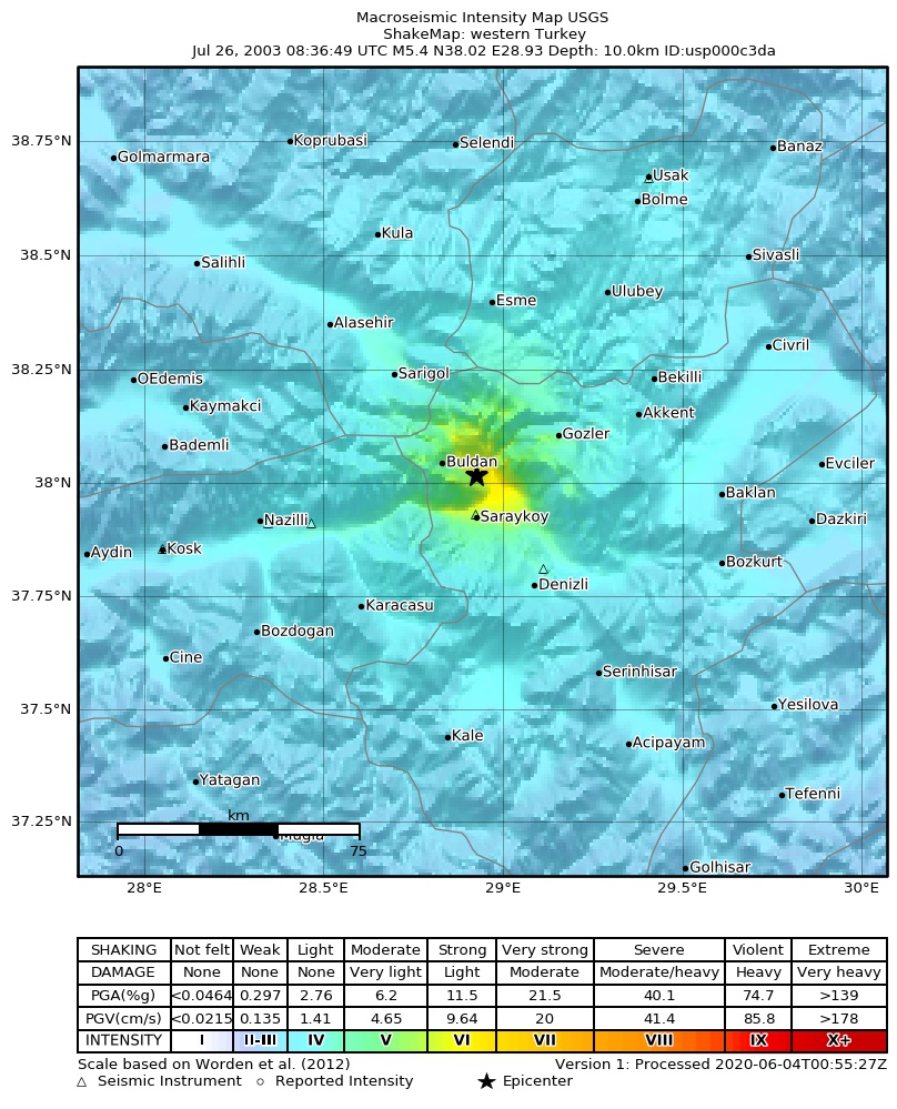 USGS ShakeMap: estimated shaking intensity around the epicenter