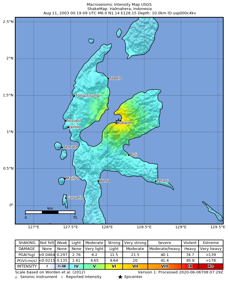 USGS ShakeMap: estimated shaking intensity around the epicenter