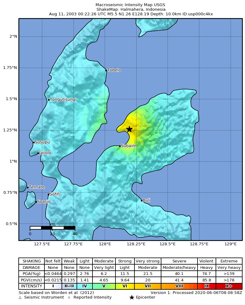 USGS ShakeMap: estimated shaking intensity around the epicenter