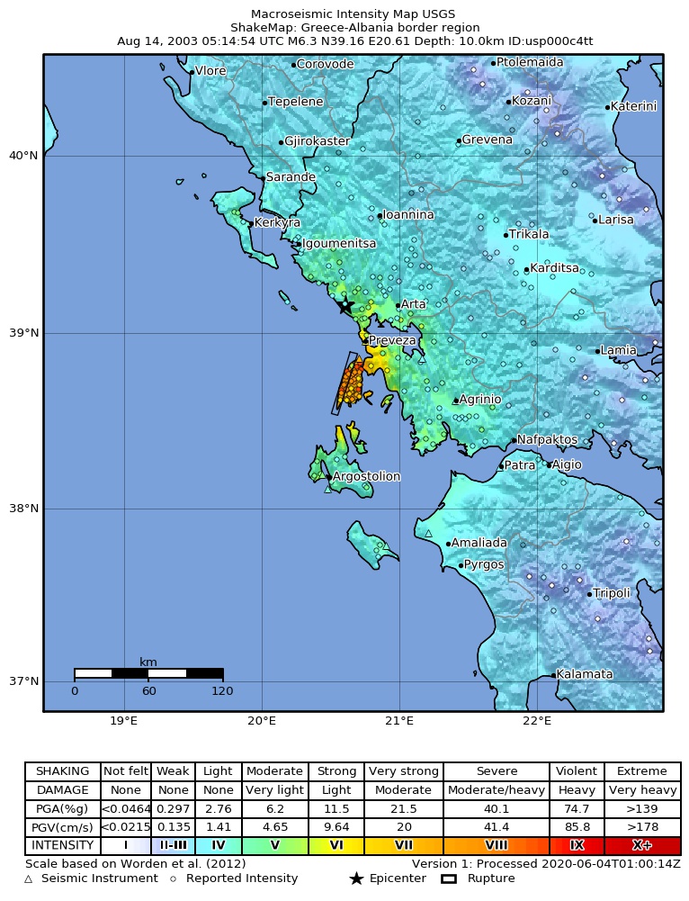 USGS ShakeMap: estimated shaking intensity around the epicenter