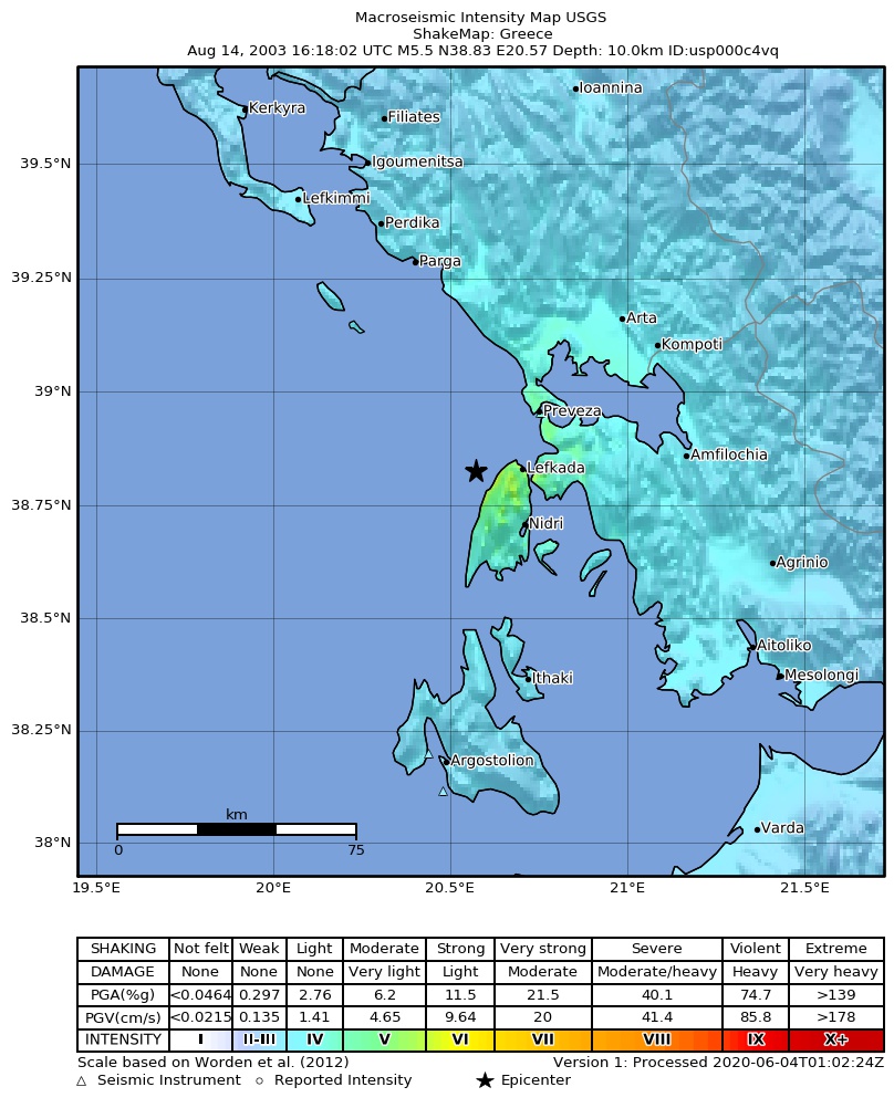USGS ShakeMap: estimated shaking intensity around the epicenter